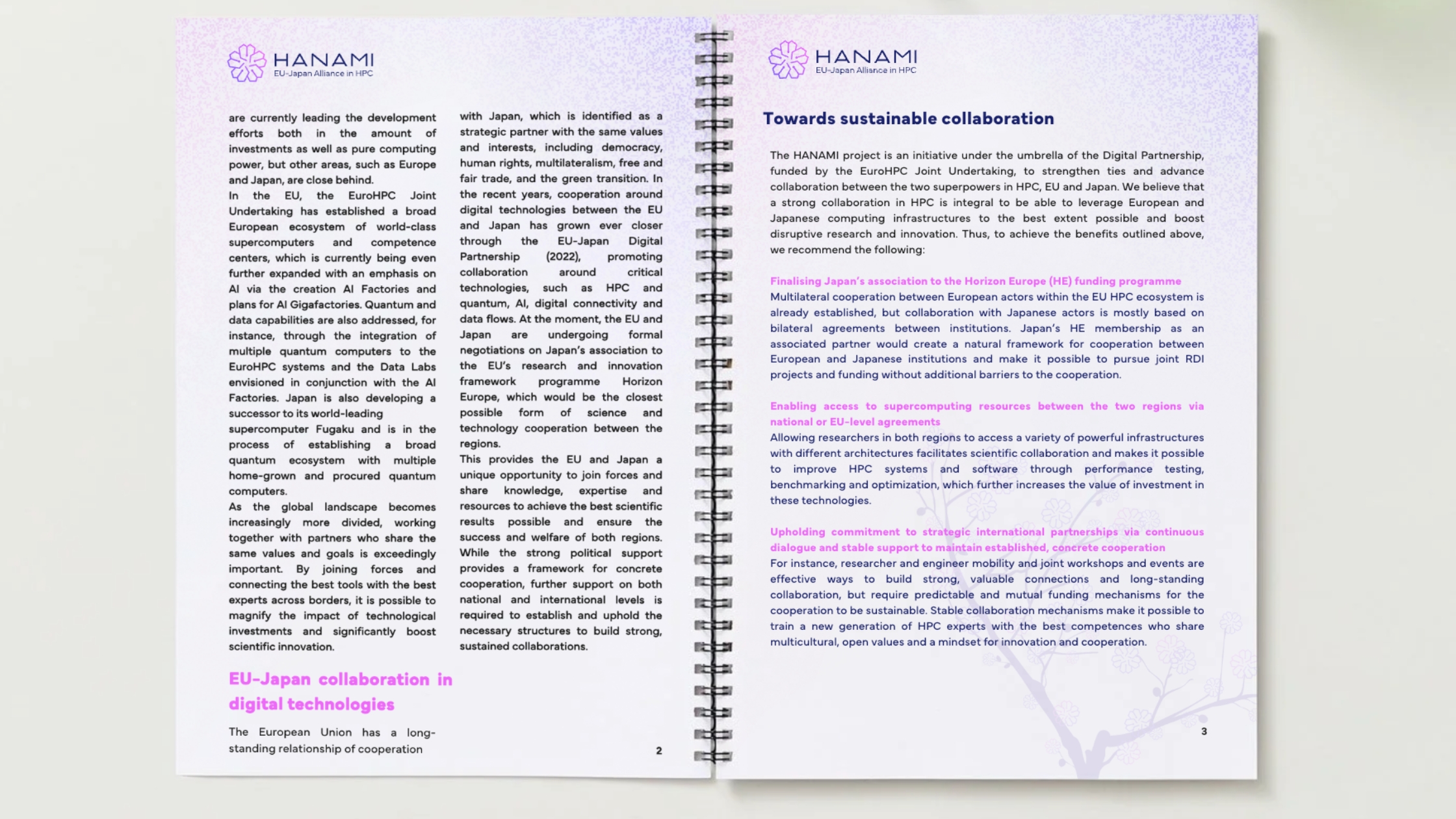 Open policy paper booklet from the HANAMI project, showing two pages of text on EU–Japan collaboration in HPC.