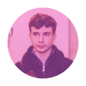 Image with a pink filter of a man with dark shirt