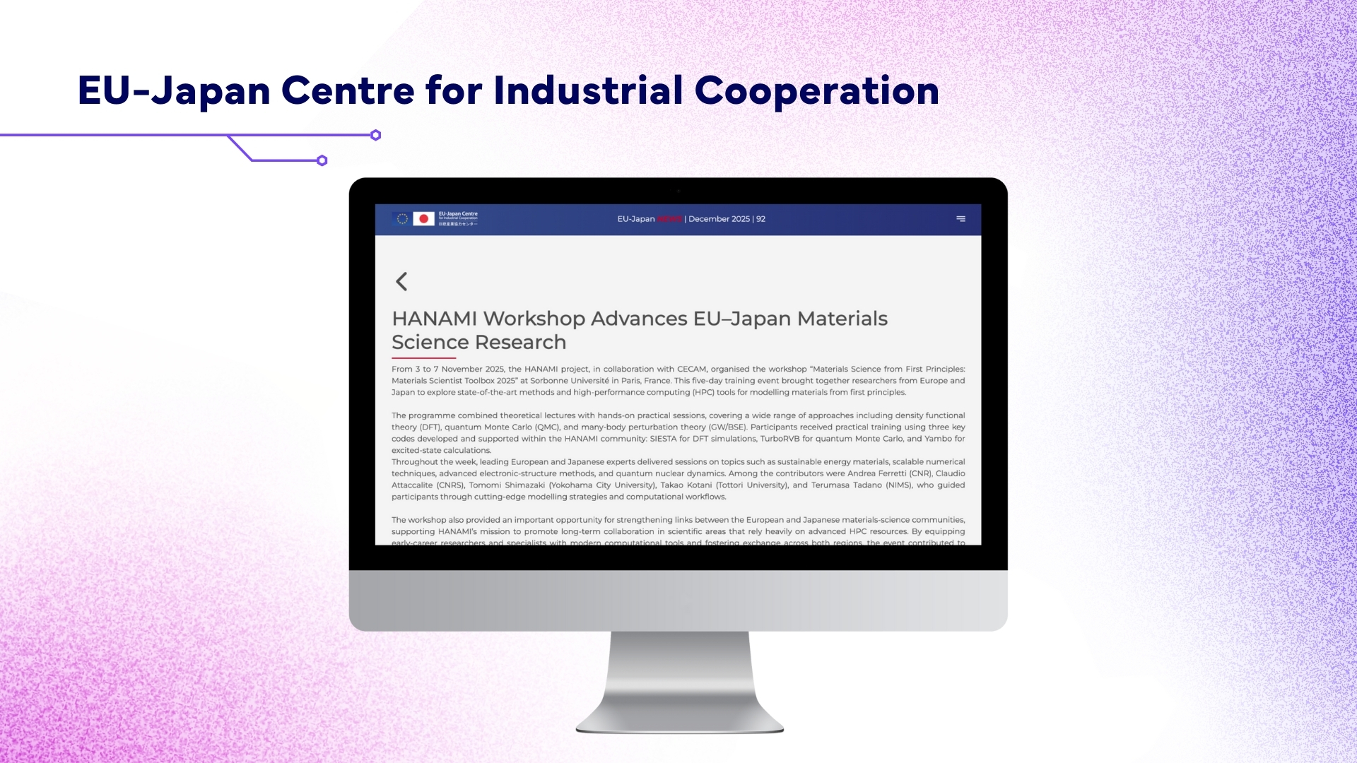 Screen with the EU-Japan Centre for Industrial Cooperation website open.