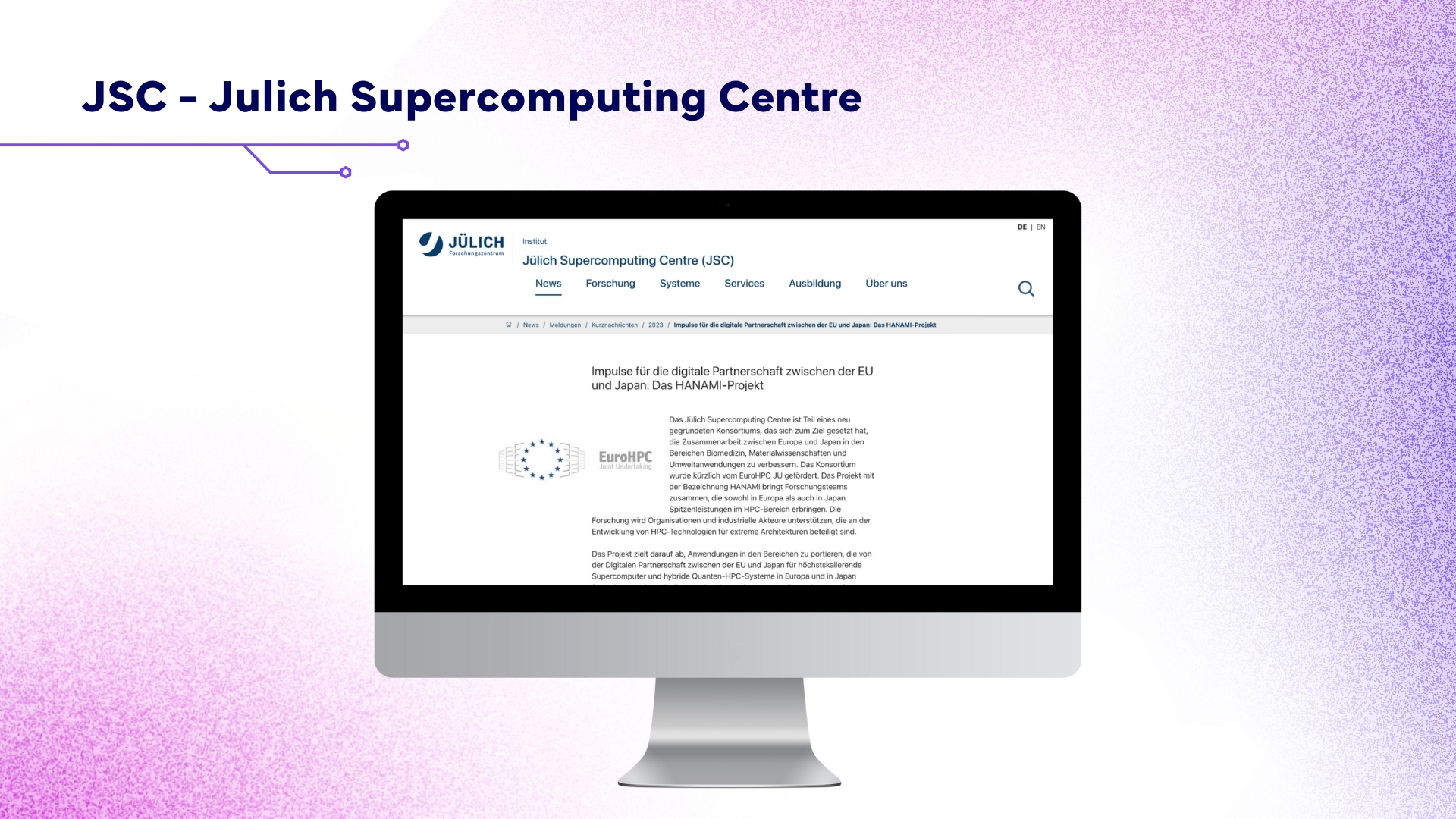 Screen with the JSC - Julich Supercomputing Centre page open.