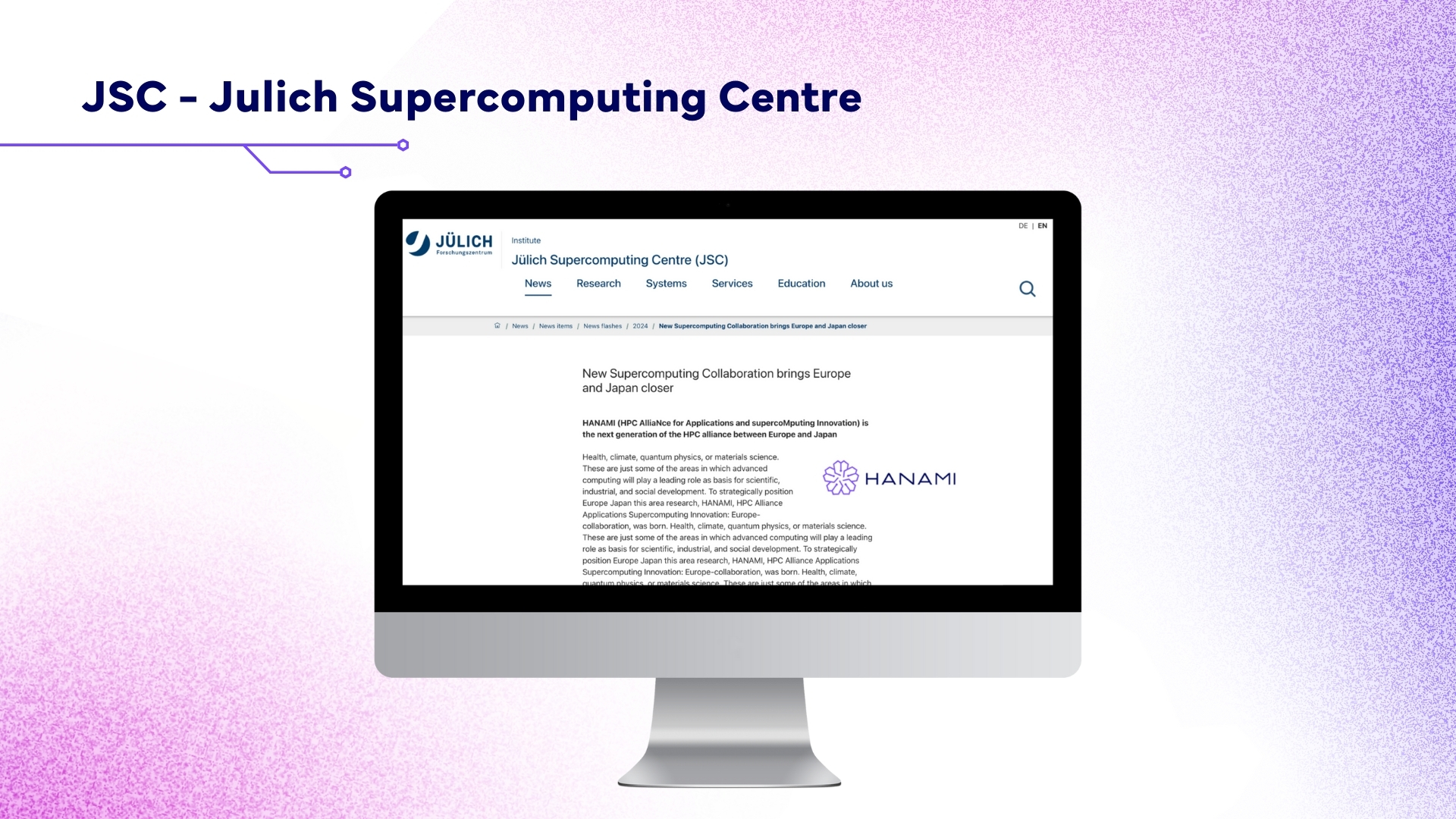 Screen with the JSC - Julich Supercomputing Centre page open.
