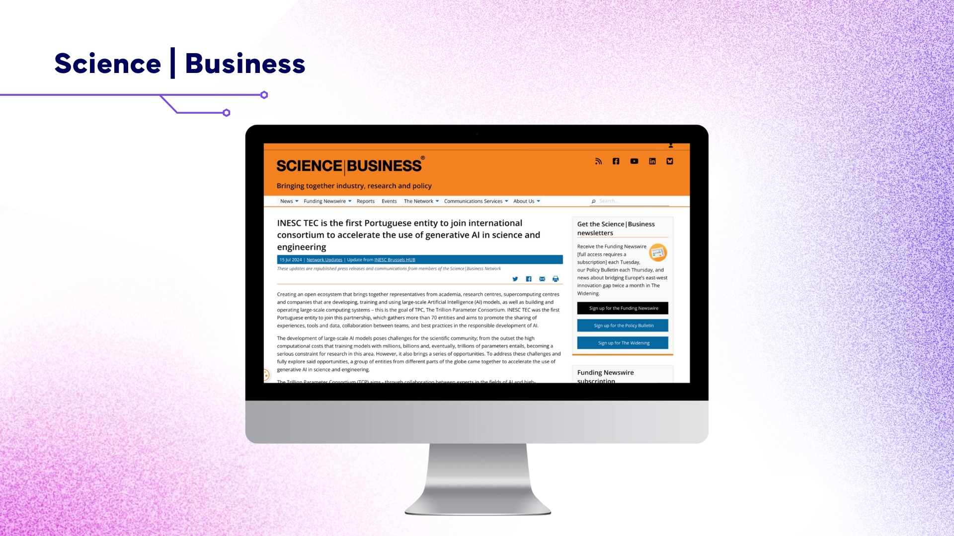 Screen with the Science | Business website open.
