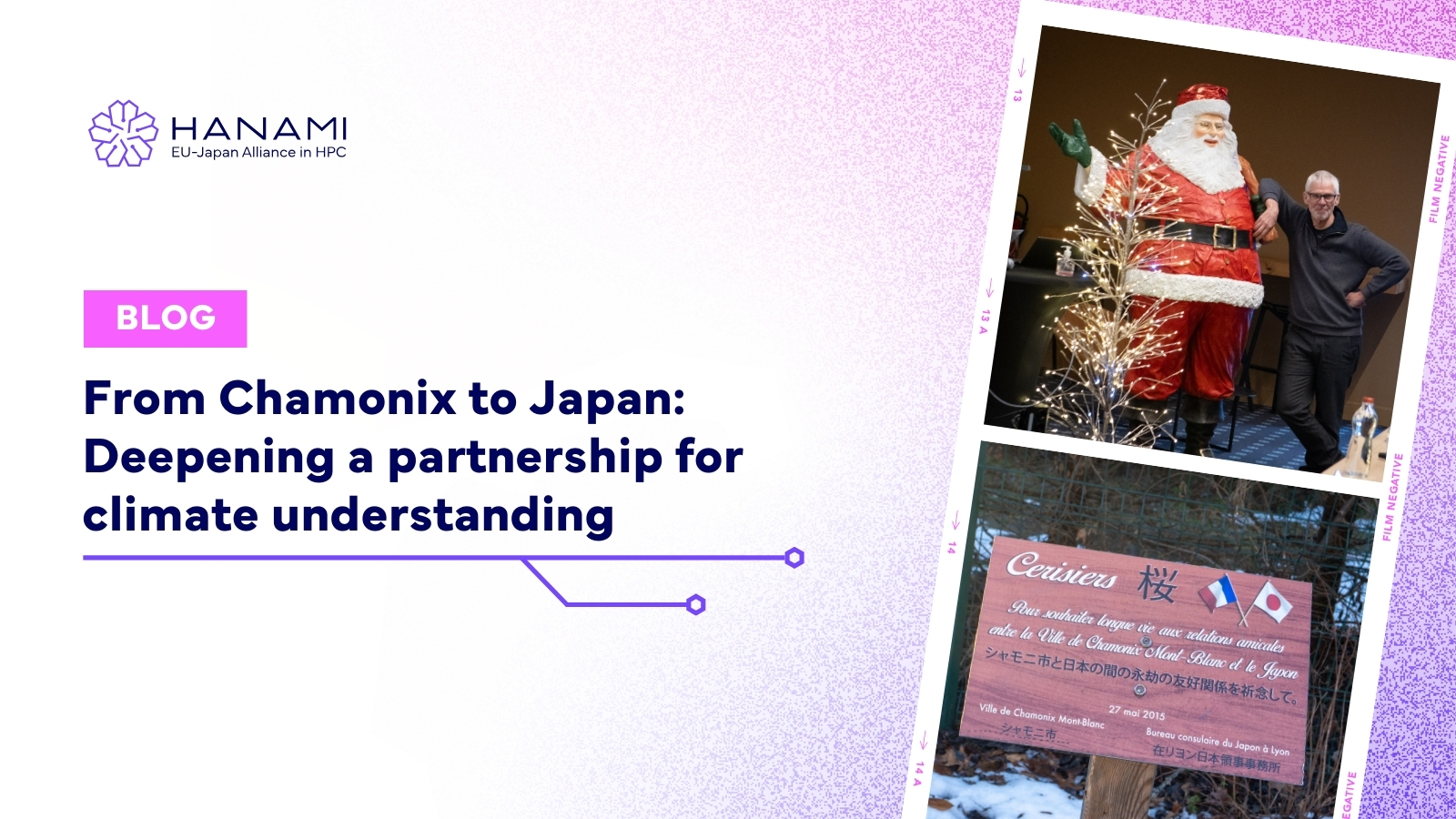 Design with the name of the blog post ("From Chamonix to Japan: Deepening a partnership for climate understanding) and an image of a man posing with a life-sized Santa Claus decoration.