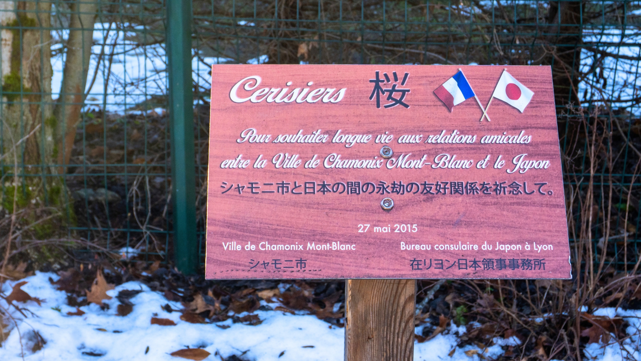 Wooden commemorative sign titled “Cerisiers” with French and Japanese text and the French and Japanese flags, marking friendship between the City of Chamonix Mont-Blanc and Japan, dated 27 May 2015.