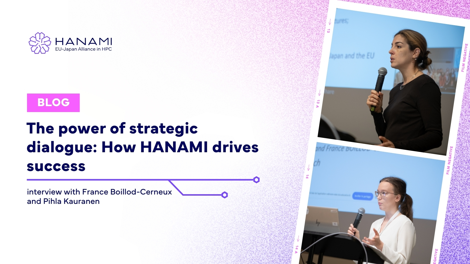 Design with the name of the blog post ("The power of strategic dialogue: How HANAMI drives success") and two images of two women speaking.