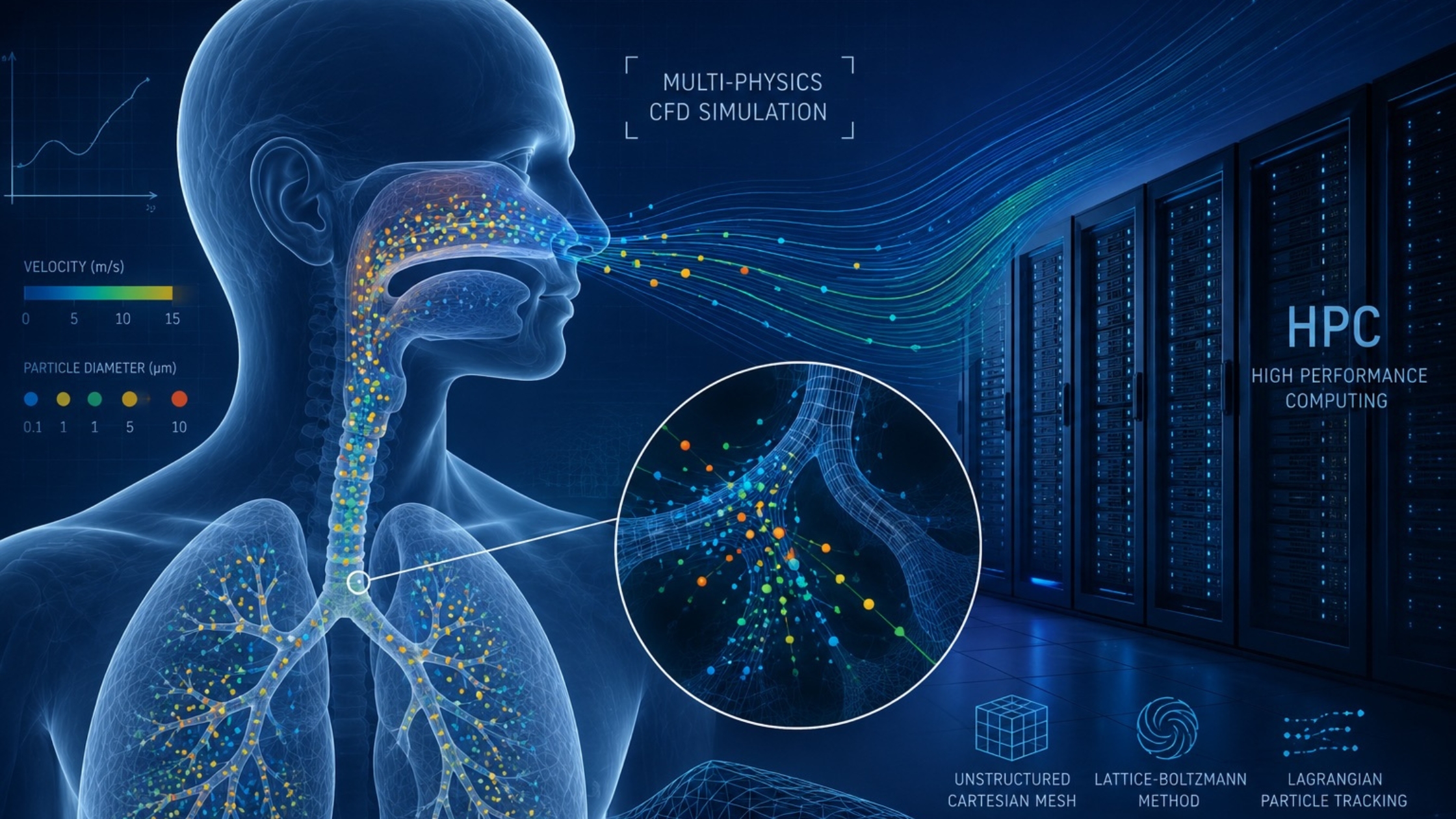 Illustration of a multi-physics CFD simulation showing viral particle transport through the human respiratory tract using high-performance computing.
